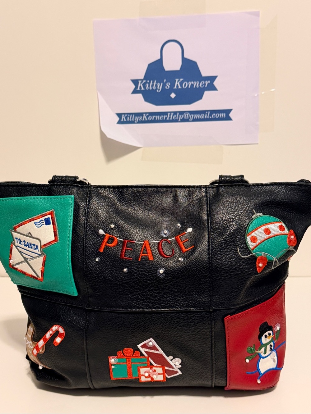 Rossetti Black Holiday Themed Tote Bag with 'Peace' Embroidery & Festive Patches